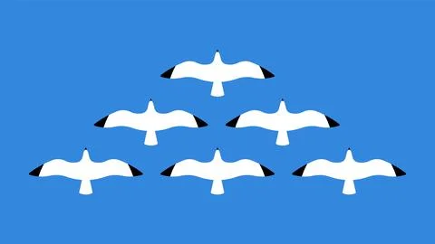Flying seagulls. Close up of a gull in the sky. Flock of birds. Stock Illustration