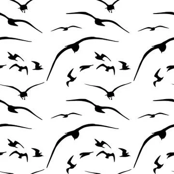 Flying seagulls silhouette seamless pattern. Black birds isolated on white ba Stock Illustration