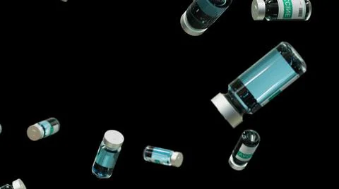 Flying several vials on black background Stock Illustration