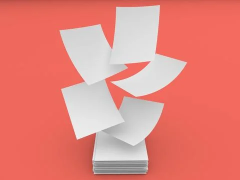 Flying sheets of office paper over a stack on a red background. Stock Illustration