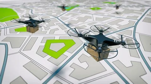 Flying shipment of a package by UAV drone with autonomous guide Stock Illustration