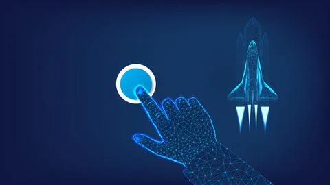 Flying Shuttle. Button. Polygonal hand. Clicking. Stock Illustration