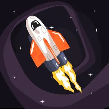 Flying Shuttle Spacecraft Fith Flames Coming From Engine Stock Illustration