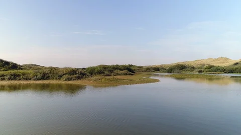Flying sideways over lake in forrest with surrounding dunes. Aerial shot Stock Footage 103270749