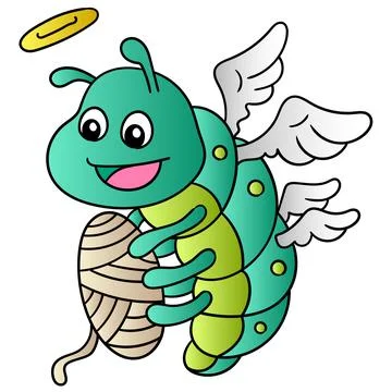 Flying silkworms wearing smiling faced wings were spinning threads, doodle ic Stock Illustration