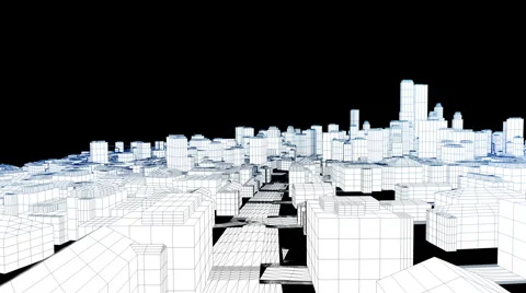 Flying in the sketched city on white, edges glow Stock Footage