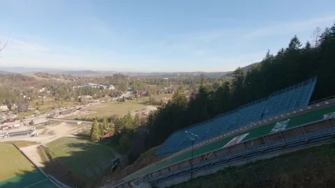 Flying ski jumper during training on Wielka Krokiew, Zakopane Stock Footage 153032725