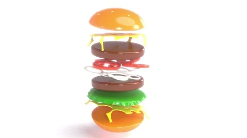 Flying slice cheeseburger burger with flying elements Stock Footage 276344180