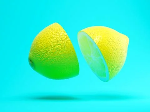 Flying sliced lemon on blue background 3 D illustration Stock Illustration