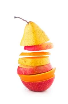 Flying slices of fruit: apple, pear, orange Stock Photos