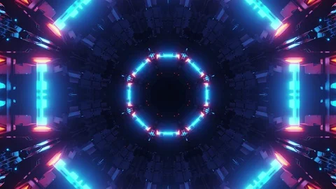 Flying slow into hexagonal ring tunnel, sci-fi interior, futuristic Stock Footage 128124342