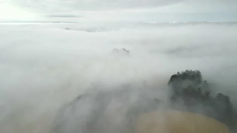 Flying slowly over moving clouds above wheat field and trees. Above the clouds. Stock Footage 234638656