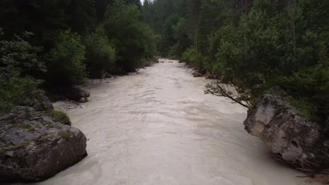 Flying slowly over muddy river passing through forest Stock Footage 220372828