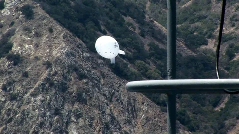 Flying small white Blimp with Catalina mountains in background, California USA Stock Footage 101561520