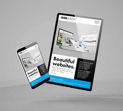 Flying smartphone and tablet with builder website Stock Illustration