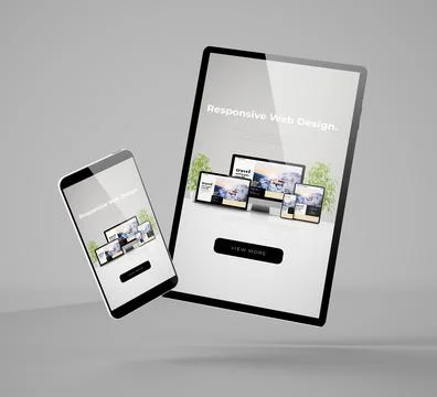 Flying smartphone and tablet with responsive website Stock Illustration