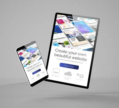 Flying smartphone and tablet with website builder mockup Stock Illustration