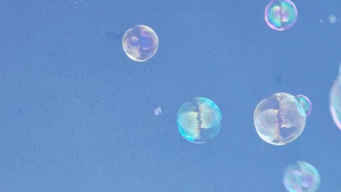 Flying soap bubbles against blue sky in sunlight, colorful bubbles Stock Footage 341402137