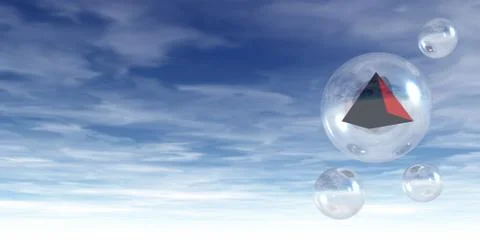 Flying soap bubbles with pyramid inside - 3d illustration Stock-Illustration