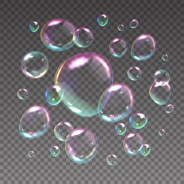 Flying soap bubbles. Realistic iridescent spheres with rainbow reflections. 3D 스톡 일러스트