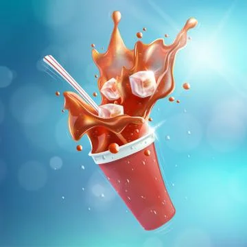 Flying Soda Plastic Cup with Splash Blue Bokeh Background EPS10 Stock Illustration