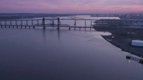 Flying south above Passaic River toward Newark Bay Bridge and New Jersey Stock Footage 59170158