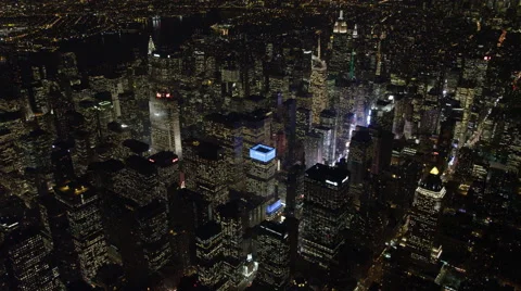 Flying southeast across Times Square and Midtown Manhattan at night. Shot in Stock Footage 59529759