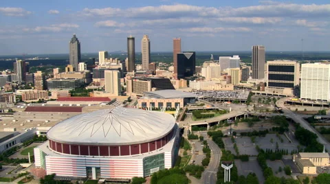 Flying southeast from Georgia Dome in Atlanta. Shot in 2007. Stock Footage 59334411