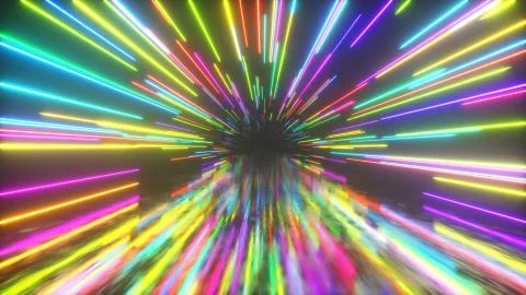 Flying in space with luminous neon lines. Hyperspace. Modern spectrum of ligh Stock Photos