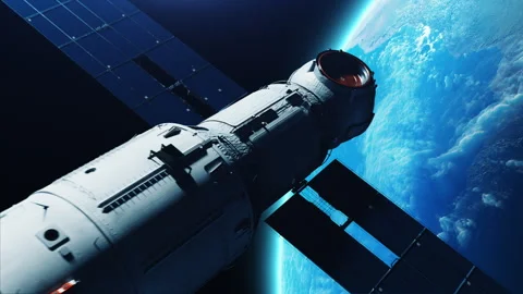 Flying space module in orbit of planet earth Stock Footage 242793786