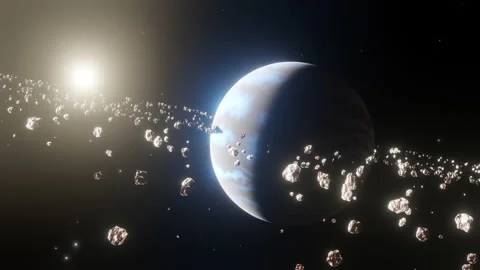 Flying in space past a distant planet with an orbit of asteroids Stock Footage 166500511