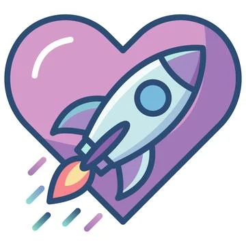 Flying space rocket with purple heart shape flat outline icon. Illustrazione stock