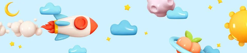 Flying space rocket in the sky with clouds. Spaceship in space around the pla Stock Illustration