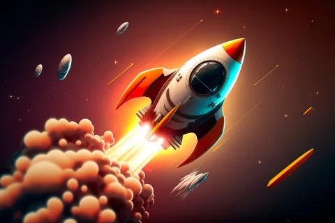 Flying space rocket in space around the planets. Spaceship launch. Stock Illustration