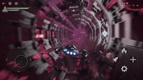 Flying the spacecraft to examine multiple universes in the virtual mobile game Stock Footage 312004247