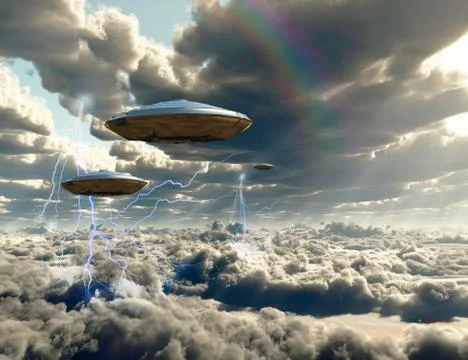 Flying spacecrafts in cloudy sky Illustration
