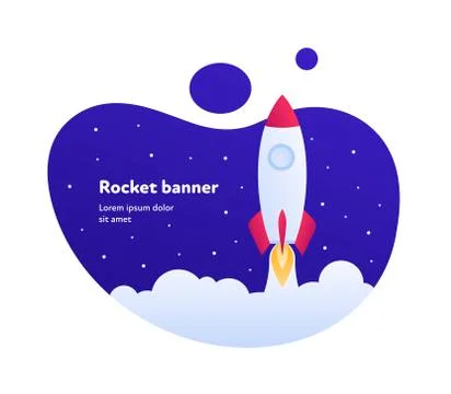 Flying spaceship in night cloud sky fluid background. Stock Illustration