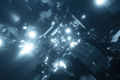 Flying into spaceship tunnel, sci-fi spaceship corridor. Futuristic technolog イラスト素材