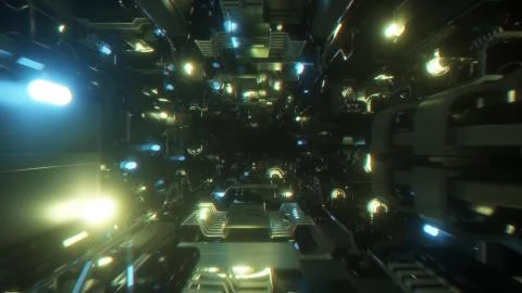 Flying into spaceship tunnel, sci-fi spaceship corridor. Futuristic technolog イラスト素材
