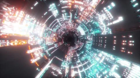 Flying into spaceship tunnel, sci-fi spaceship corridor. Futuristic technolog イラスト素材