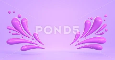 Flying splash with liquid drops, isolated on studio purple background ...