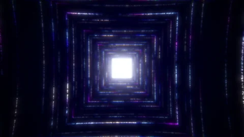 Flying a square tunnel made of neon particles. Seamless VJ loop for music videos Stock Footage 138564893