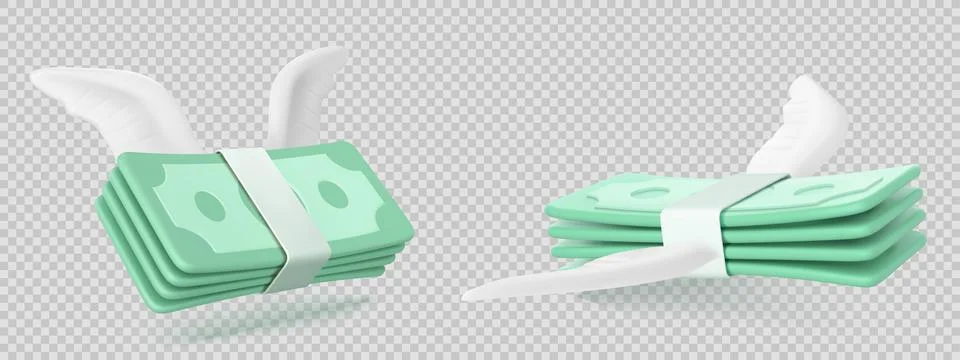 Flying stack of money with white wings, 3D vector Stock Illustration