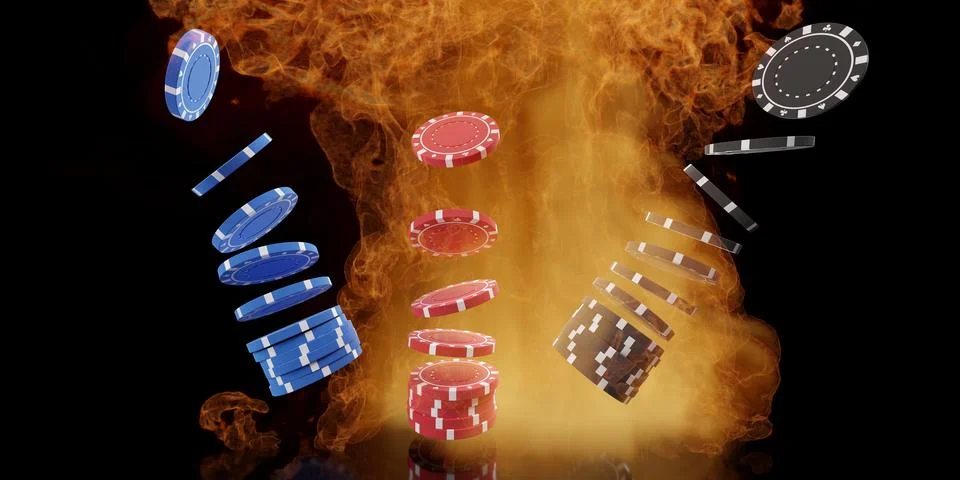 Flying stacks of red, blue and black poker chips or tokens over flaming fir.. Stockillustratie