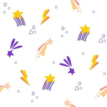 Flying star seamless pattern. Modern background with stars, rainbows and abst Stock Illustration