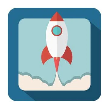 The flying-up starting rocket with fire and smoke in flat style. Illustrazione stock