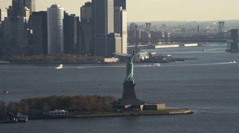 Flying by the Statue of Liberty in hazy daylight. Shot in 2011. Stock Footage 59172591
