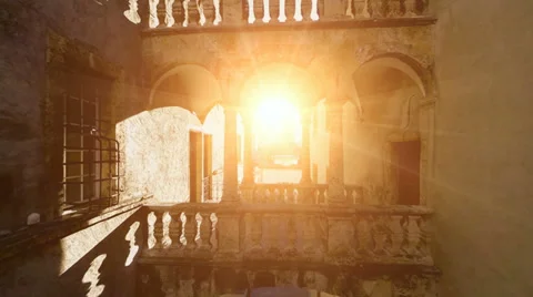 Flying into the sun light. nostalgic building. romantic. old. fly over Stock-Footage 36962601