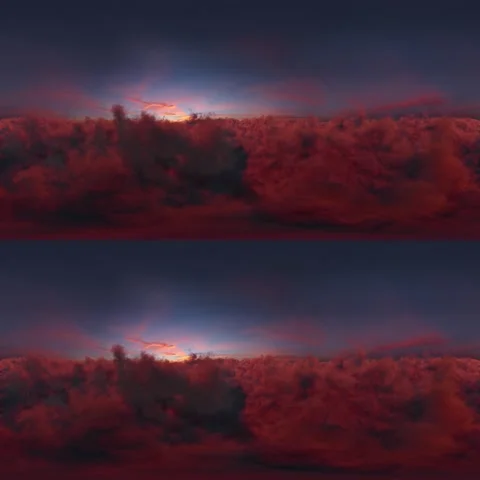 Flying in the Sunset Red Clouds 360 Stereoscopic Panoramic 360 VR Stock Footage 166017207