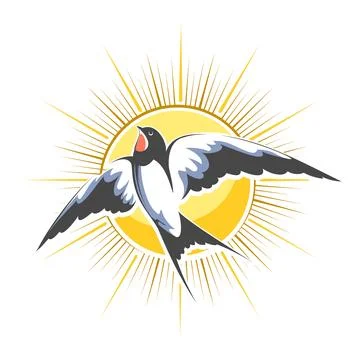 Flying Swallow on Shining Sun Background Stock Illustration